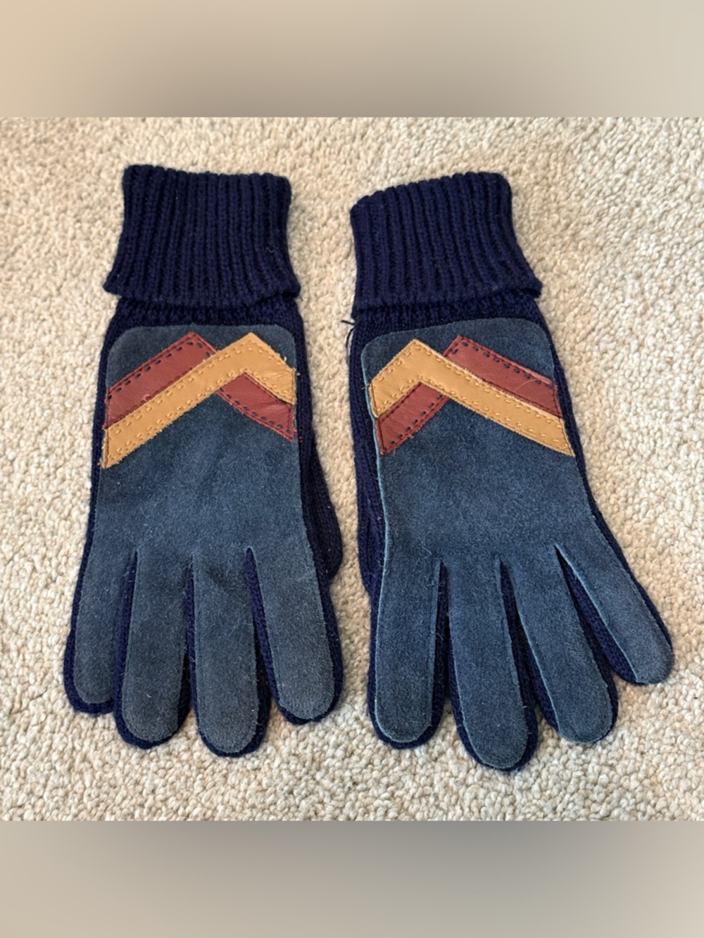 Vintage 60s 70s Navy Knit Winter Gloves Leather Mountain Patches Retro Boho Chic